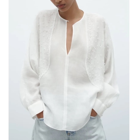 Zara Tops - ZARA WOMAN RAMIE BLOUSE WITH EMBROIDERY OYSTER WHITE 4786/104 XS